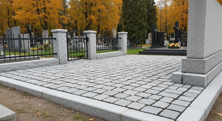 Благоустройство захоронений в Волгограде — мощение гранитной плиткой, цоколь и ограда на ухоженном участке