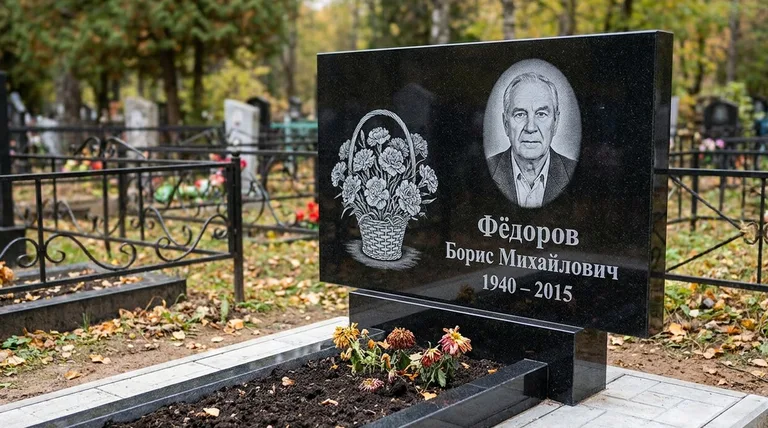 Памятник с гравировкой гвоздик — выполненная работа «Фёдоров» в Волгограде