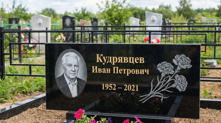 Памятник с гравировкой гвоздик — выполненная работа «Кудрявцев» в Волгограде
