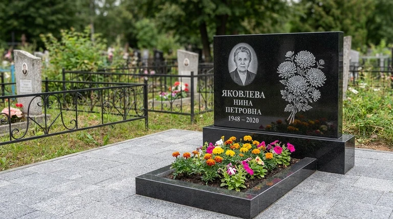 Гравировка хризантем на памятник в Волгограде — пример работы на граните