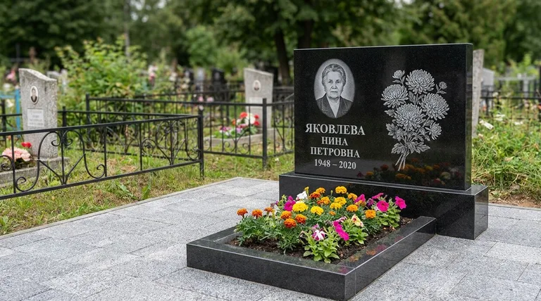 Памятник с гравировкой хризантем — выполненная работа «Соколов» в Волгограде