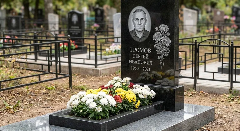 Памятник с гравировкой хризантем — выполненная работа «Громов» в Волгограде