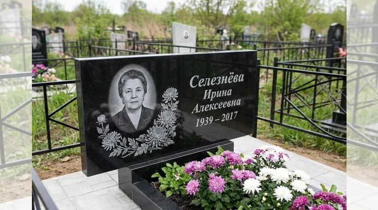 Памятник с гравировкой хризантем — выполненная работа «Селезнёва» в Волгограде