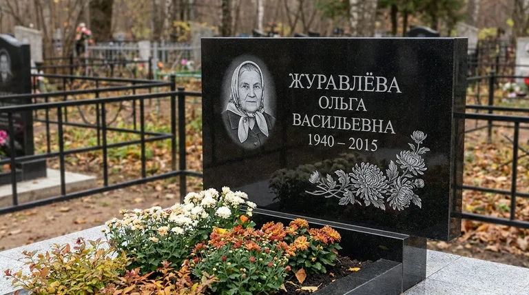 Памятник с гравировкой хризантем — выполненная работа «Журавлёва» в Волгограде