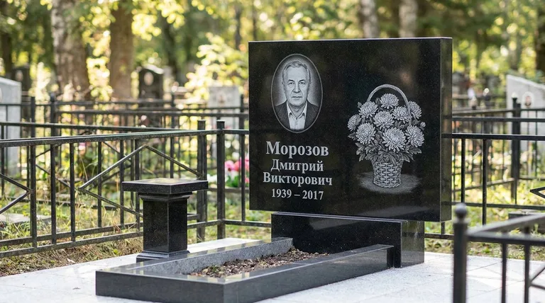 Памятник с гравировкой хризантем — выполненная работа «Морозов» в Волгограде