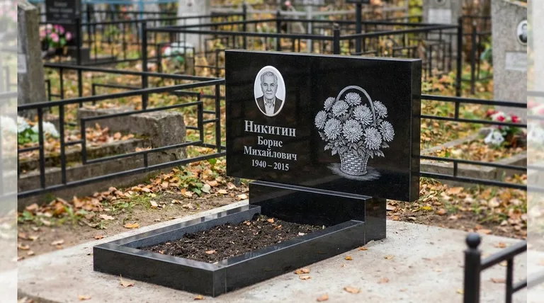 Памятник с гравировкой хризантем — выполненная работа «Никитин» в Волгограде
