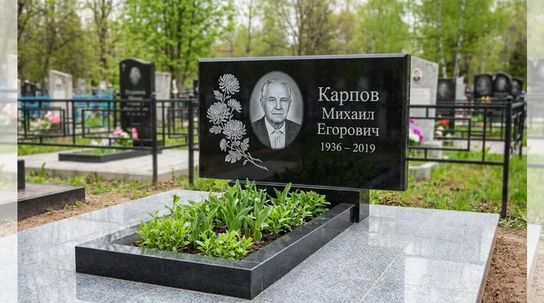 Памятник с гравировкой хризантем — выполненная работа «Карпов» в Волгограде