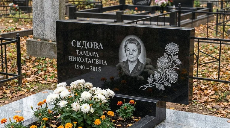 Памятник с гравировкой хризантем — выполненная работа «Седова» в Волгограде