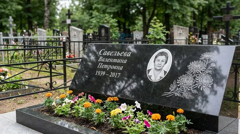 Памятник с гравировкой хризантем — выполненная работа «Савельева» в Волгограде