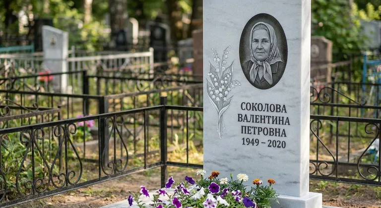 Памятник с гравировкой ландышей — выполненная работа «Соколова» в Волгограде