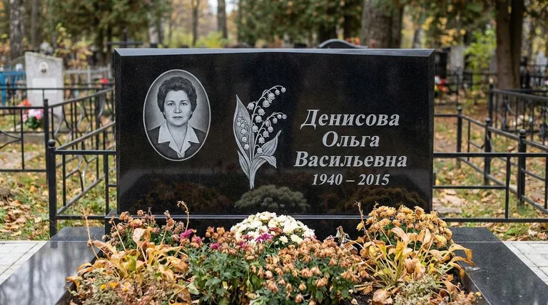Памятник с гравировкой ландышей — выполненная работа «Денисова» в Волгограде