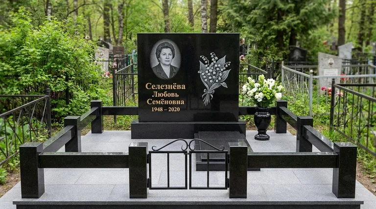 Памятник с гравировкой ландышей — выполненная работа «Селезнёва» в Волгограде