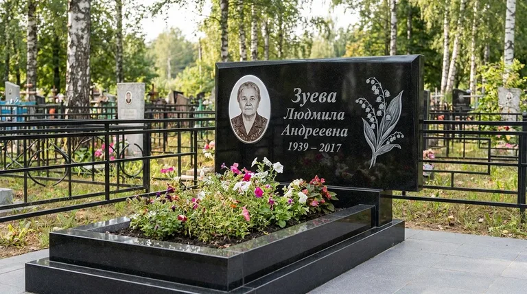 Памятник с гравировкой ландышей — выполненная работа «Зуева» в Волгограде