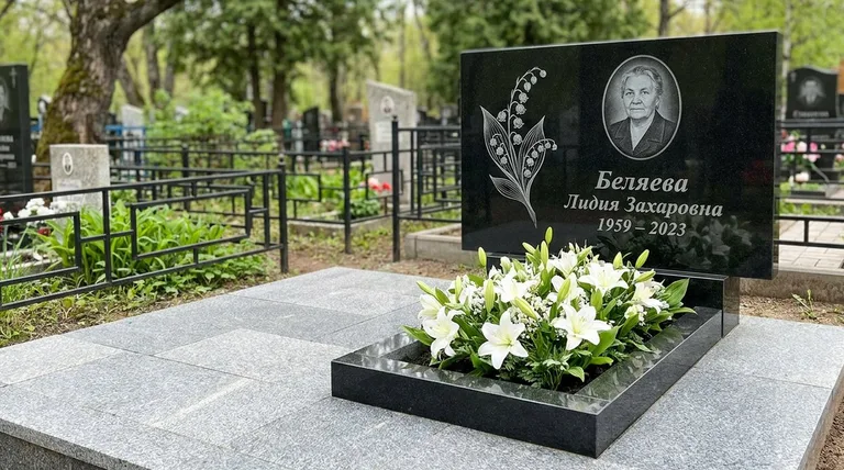 Памятник с гравировкой ландышей — выполненная работа «Беляева» в Волгограде