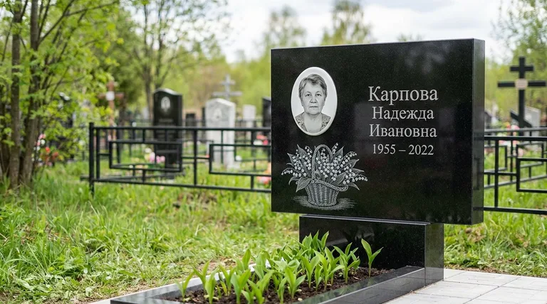 Памятник с гравировкой ландышей — выполненная работа «Карпова» в Волгограде