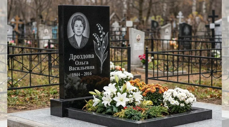 Памятник с гравировкой ландышей — выполненная работа «Дроздова» в Волгограде