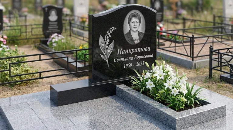 Памятник с гравировкой ландышей — выполненная работа «Панкратова» в Волгограде