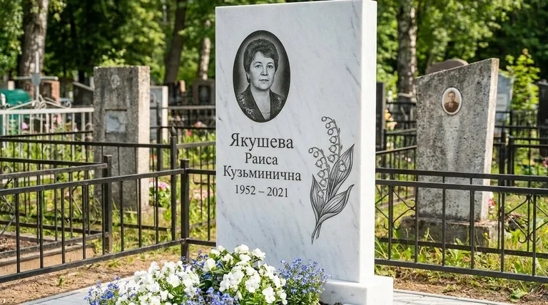 Памятник с гравировкой ландышей — выполненная работа «Якушева» в Волгограде