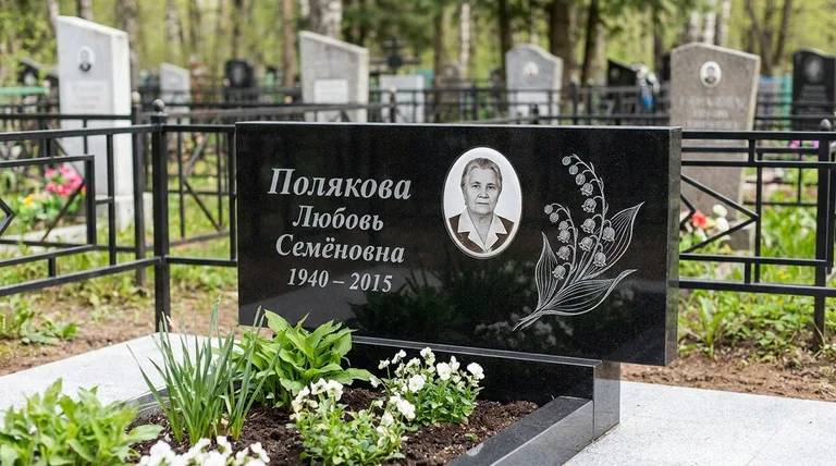 Памятник с гравировкой ландышей — выполненная работа «Полякова» в Волгограде