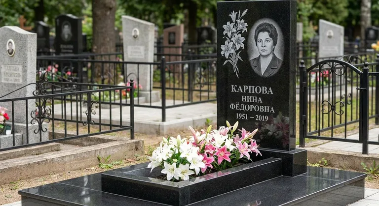 Памятник с гравировкой лилий — выполненная работа «Карпова» в Волгограде