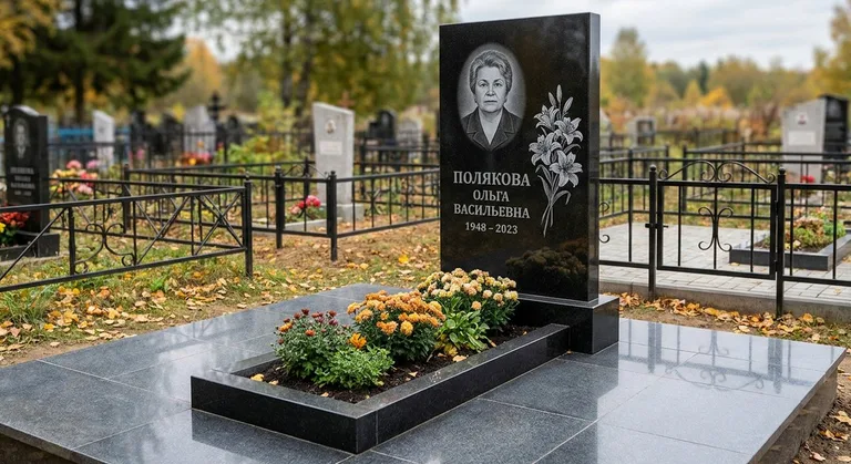 Памятник с гравировкой лилий — выполненная работа «Полякова» в Волгограде