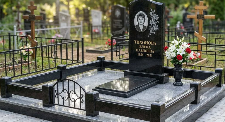 Памятник с гравировкой лилий — выполненная работа «Тихонова» в Волгограде