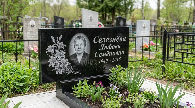 Памятник с гравировкой лилий — выполненная работа «Селезнёва» в Волгограде