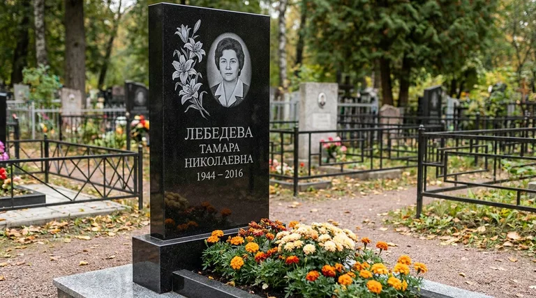 Памятник с гравировкой лилий — выполненная работа «Лебедева» в Волгограде