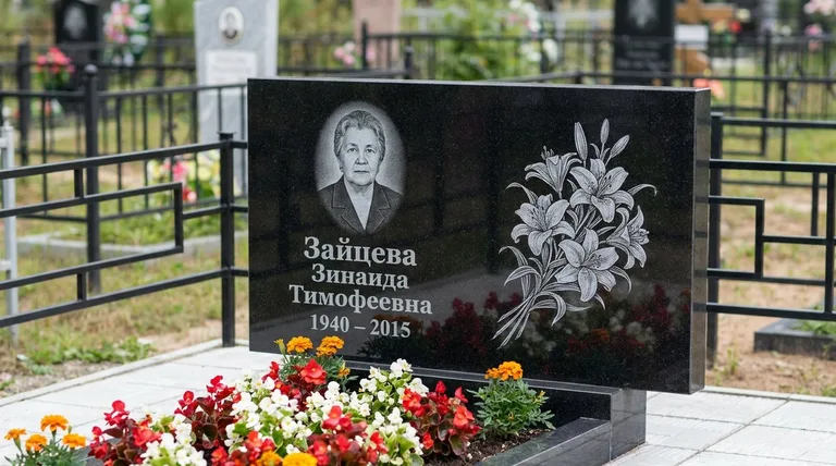 Памятник с гравировкой лилий — выполненная работа «Зайцева» в Волгограде