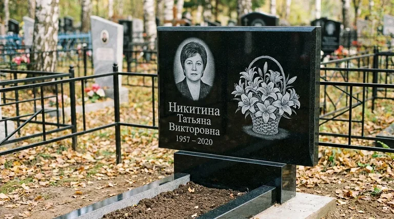 Памятник с гравировкой лилий — выполненная работа «Никитина» в Волгограде