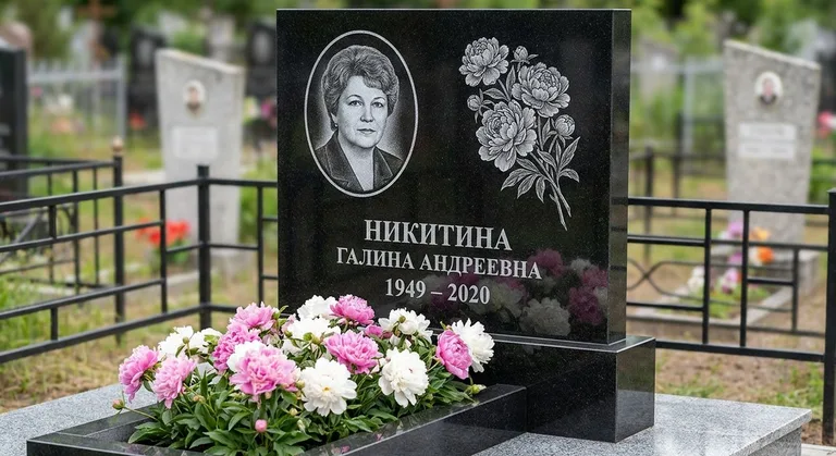 Памятник с гравировкой пионов — выполненная работа «Никитина» в Волгограде