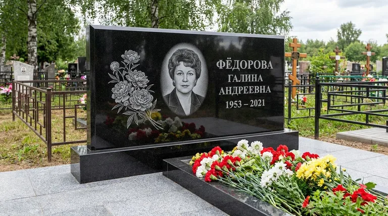 Памятник с гравировкой пионов — выполненная работа «Фёдорова» в Волгограде