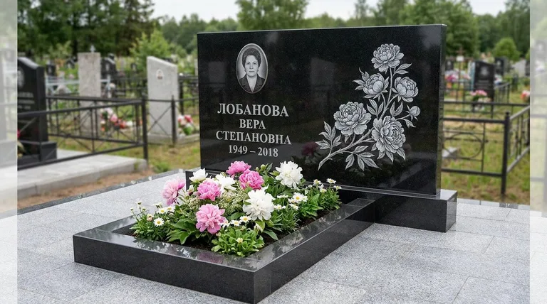 Памятник с гравировкой пионов — выполненная работа «Лобанова» в Волгограде