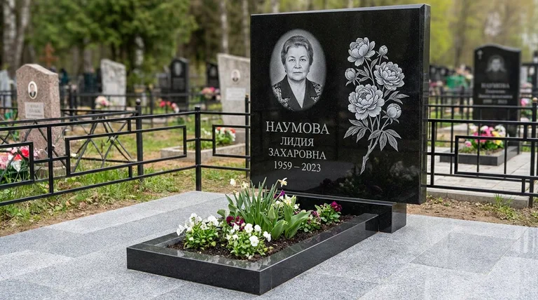 Памятник с гравировкой пионов — выполненная работа «Наумова» в Волгограде