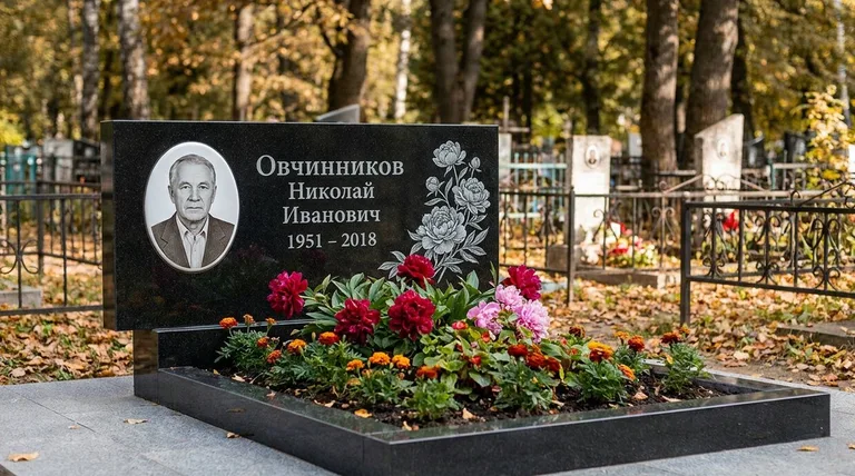 Памятник с гравировкой пионов — выполненная работа «Овчинников» в Волгограде