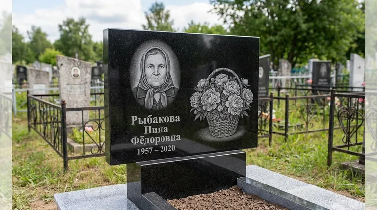 Памятник с гравировкой пионов — выполненная работа «Рыбакова» в Волгограде