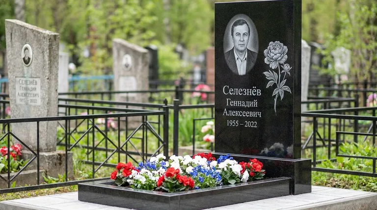 Памятник с гравировкой пионов — выполненная работа «Селезнёв» в Волгограде