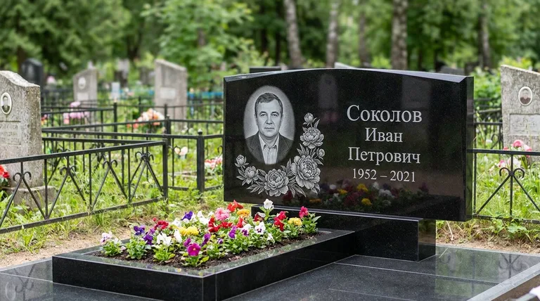 Памятник с гравировкой пионов — выполненная работа «Соколов» в Волгограде