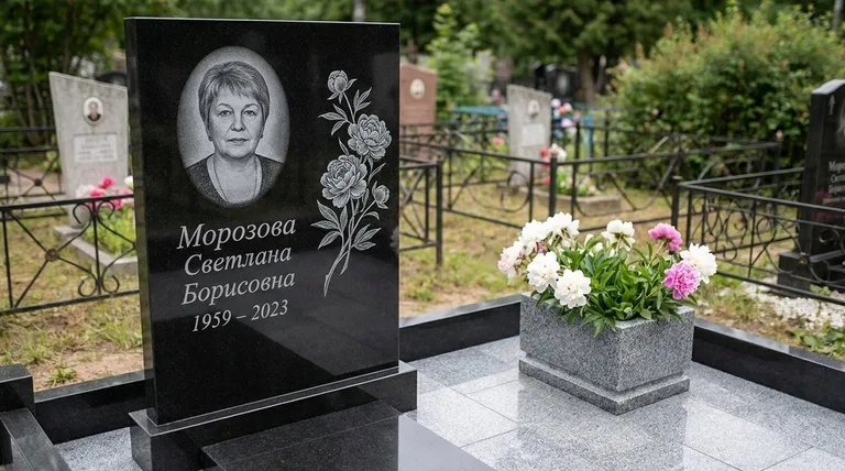 Памятник с гравировкой пионов — выполненная работа «Морозова» в Волгограде