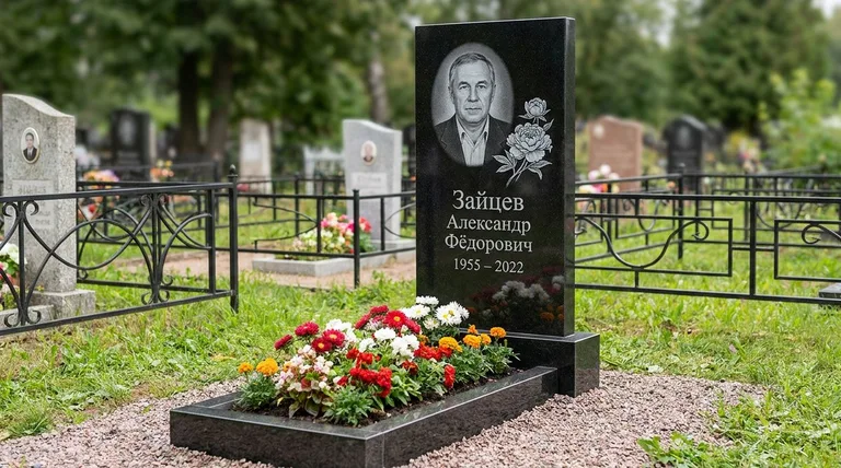 Памятник с гравировкой пионов — выполненная работа «Зайцев» в Волгограде