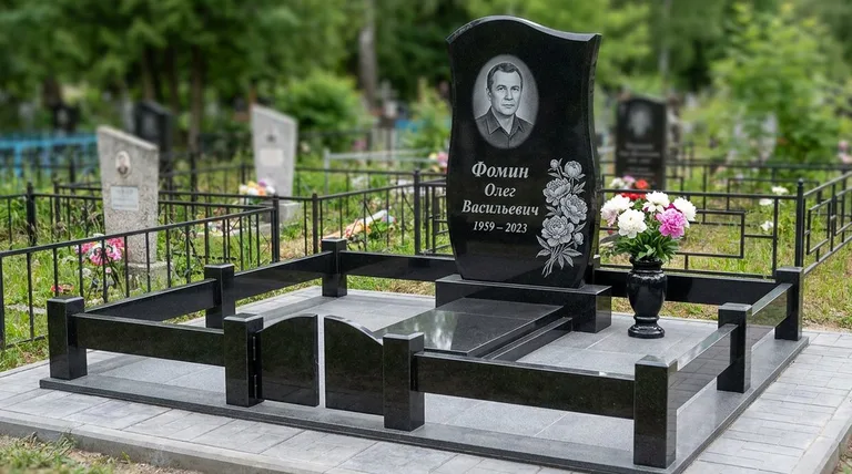 Памятник с гравировкой пионов — выполненная работа «Фомин» в Волгограде