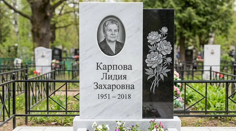 Памятник с гравировкой пионов — выполненная работа «Карпова» в Волгограде