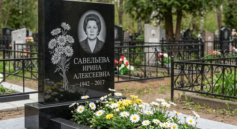 Памятник с гравировкой ромашек — выполненная работа «Савельева» в Волгограде