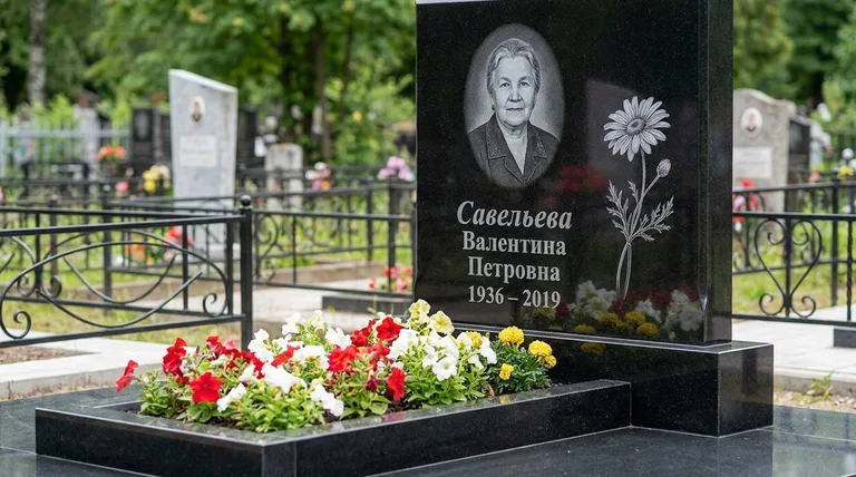 Памятник с гравировкой ромашек — выполненная работа «Савельева» в Волгограде