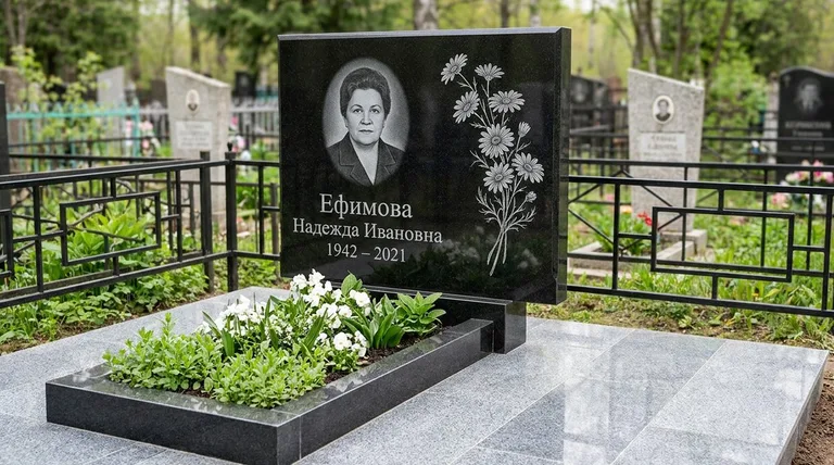 Памятник с гравировкой ромашек — выполненная работа «Ефимова» в Волгограде