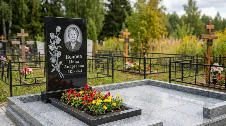 Памятник с гравировкой тюльпанов — выполненная работа «Белова» в Волгограде