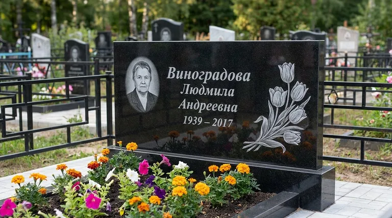 Памятник с гравировкой тюльпанов — выполненная работа «Виноградова» в Волгограде