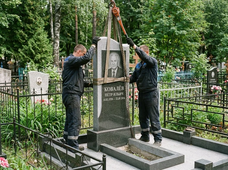 Демонтаж памятника на кладбище в Волгограде — бригада аккуратно снимает старый гранитный памятник с могилы