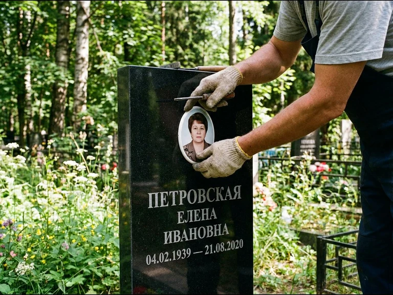 Фото на керамике на памятник в Волгограде — мастер устанавливает овальный керамический портрет на гранитный памятник