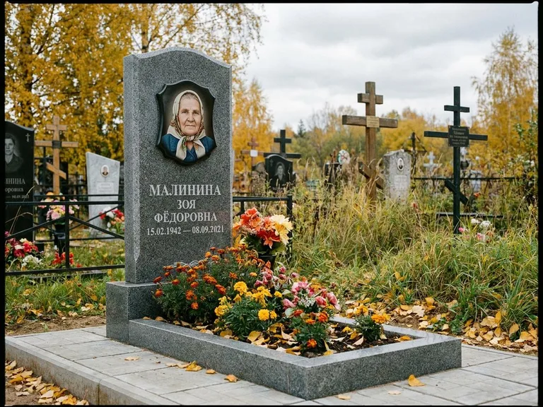 Чёрно-белый керамический портрет на памятнике в Волгограде